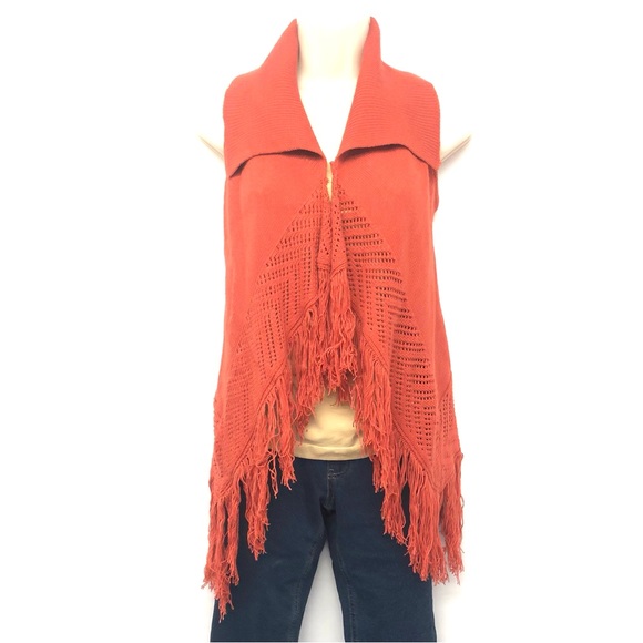 Versona Rust Orange Boho Fringe Vest - Picture 2 of 16